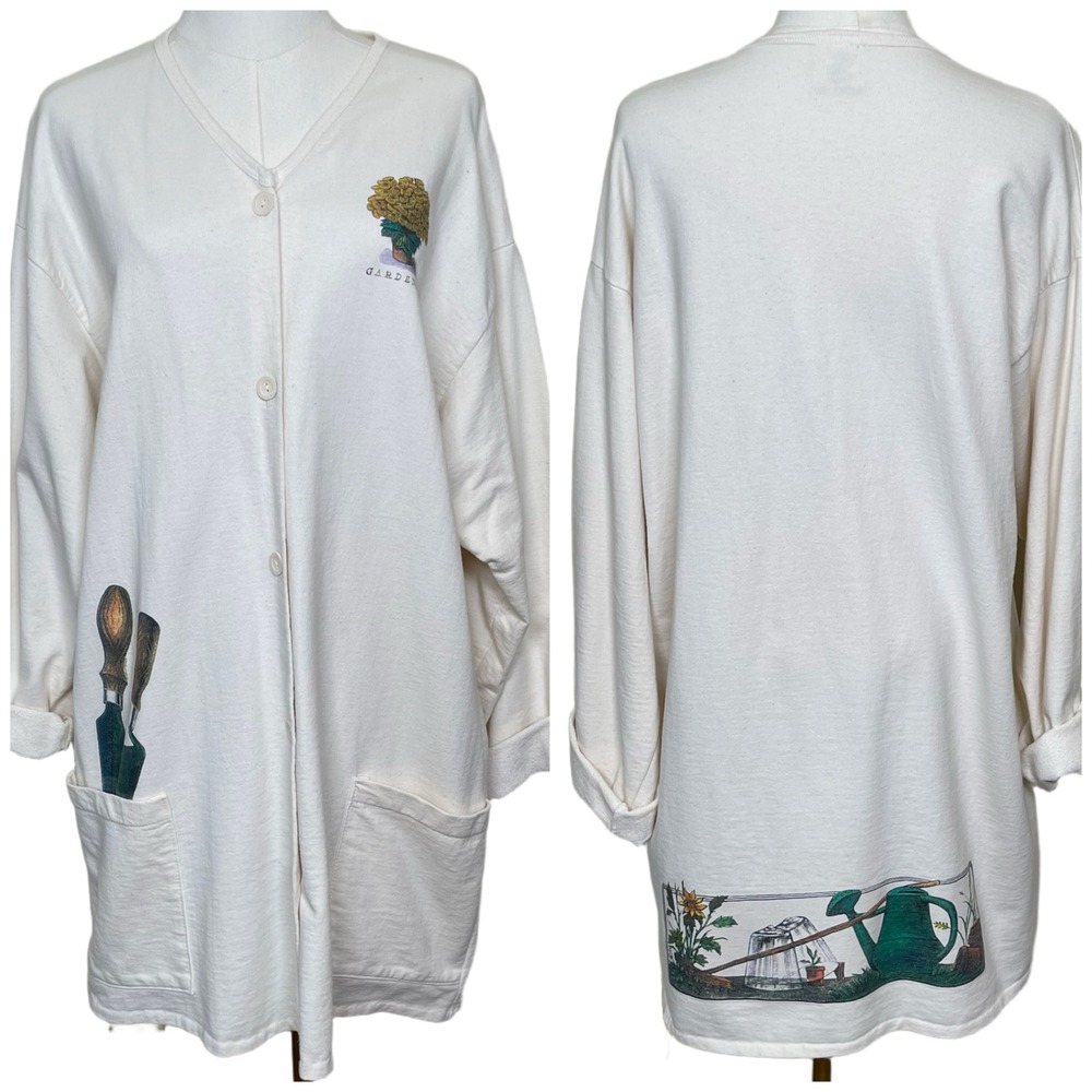 Vintage‎ C-C Gardener Cardigan Women L White Fleece Longline Button Botanical